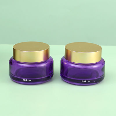 Luxury Empty Glass Face Cream Jar 30g Refillable Body Butter Jars 1oz Cosmetic Round Purple Glass Jars with Golden Matte Lids