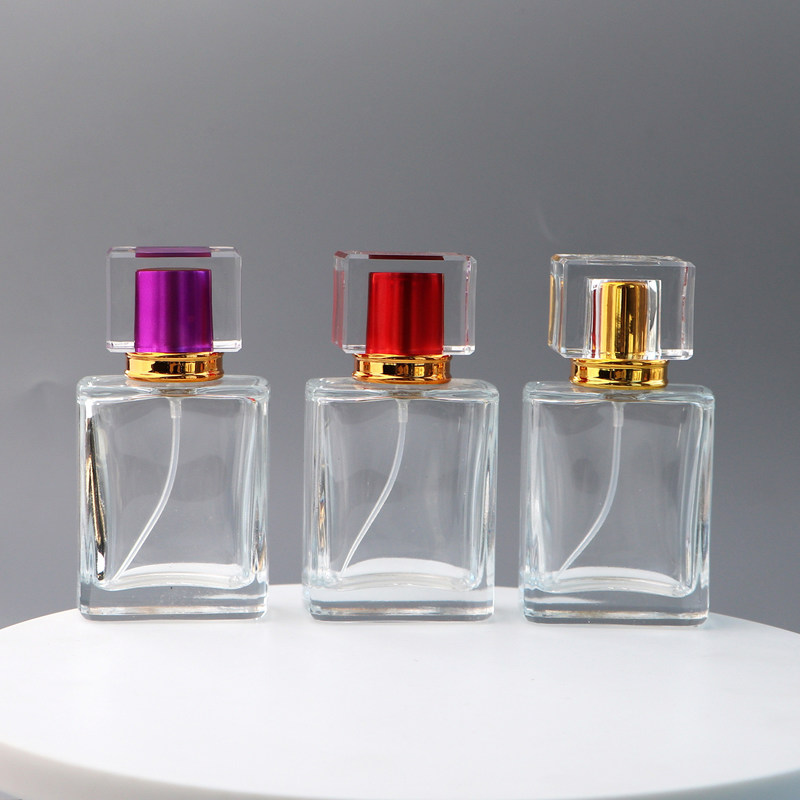 30ml 50ml Travel Rectangle Empty Perfume Glass Bottle with Aluminum Sprayer and Acrylic Cap SKIN CARE Crystal Spray Bottle