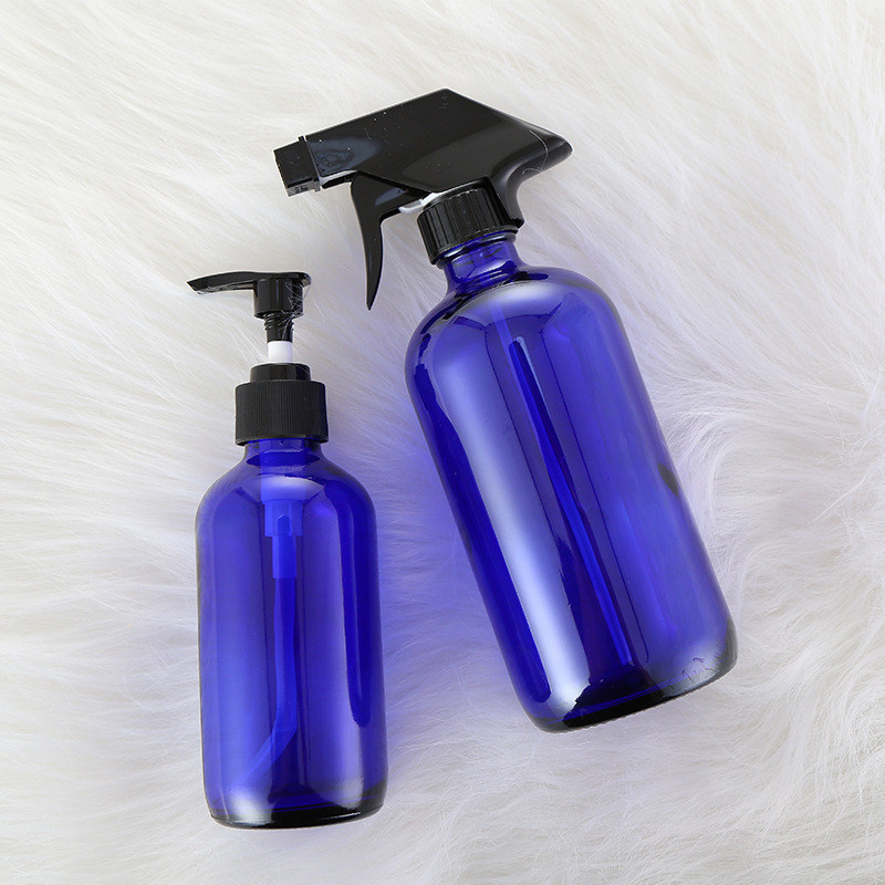 Cobalt Blue Glass Trigger Spray Bottle 250ml 500ml 1000ml Glass Boston Lotion Bottle with Pump and Logo/Graphic Design